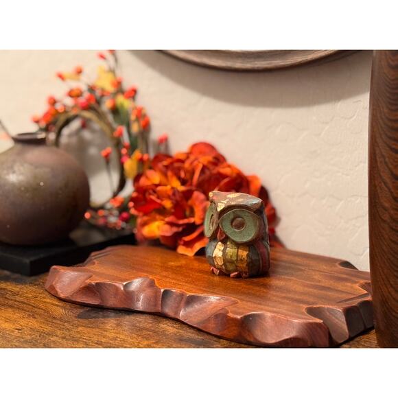 Rustic Wooden Owl Figurine, Hand Carved & Hand Painted, Small Colorful Decor - Picture 8 of 9